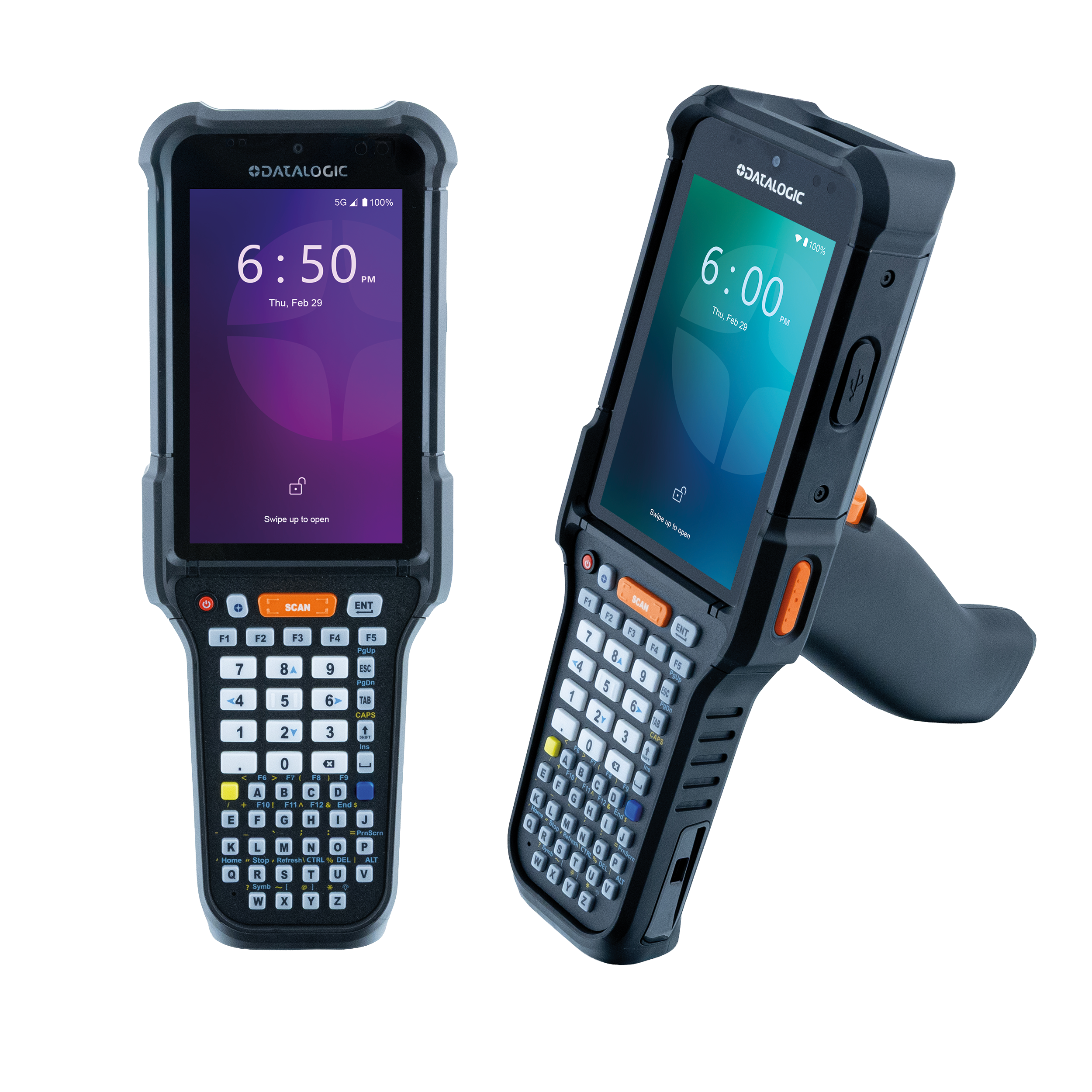 Terminal mobil Datalogic Falcon X60, 4.3" display, Android 15, Qualcomm octa-core, 8GB RAM, 128GB storage, 2D Standard Range scan engine, 53-key Alphanumeric, Wi-Fi 6E, pistol grip, ruggedized.